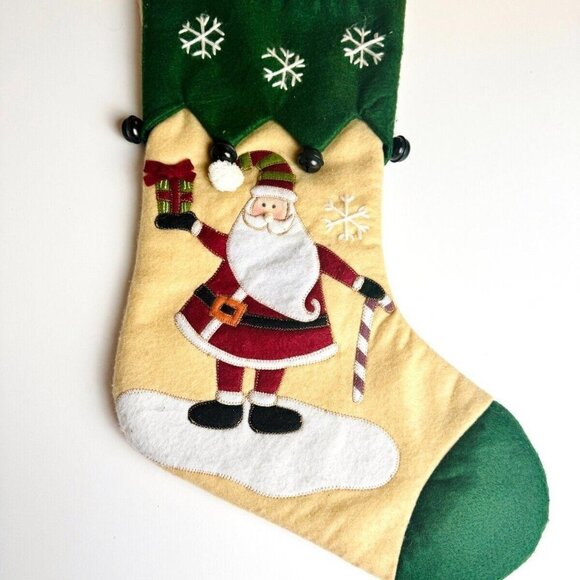 Vintage Style Santa Felt Christmas Stocking 19" Bells Applique Candy Cane Snow - Picture 3 of 5
